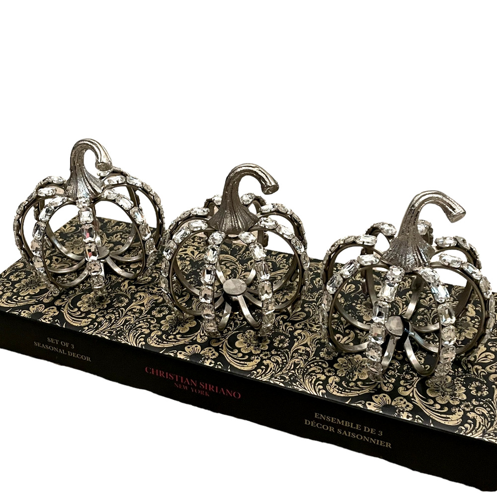 Christian Siriano Crystal Jeweled Metal Pumpkins Set of 3 Silver Halloween GLAM - Picture 12 of 13